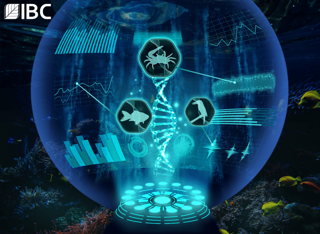 Holographic DNA sequence and data charts inside a holographically projected sphere at the bottom of the ocean.